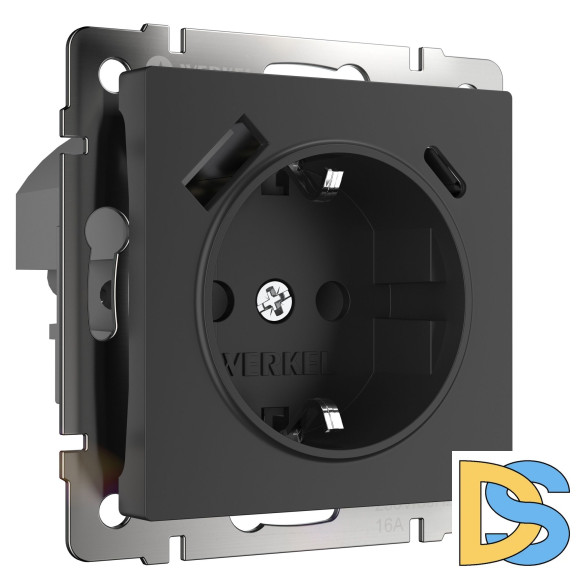 Розетка с заземлением, шторками и USB тип A+C Werkel (черный) W1171708