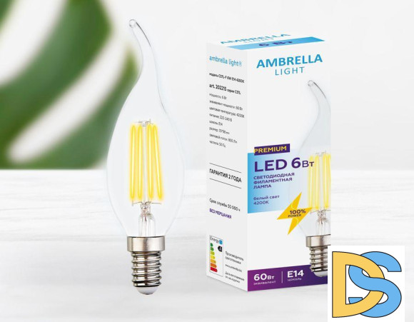 Лампа светодиодная филаментная Ambrella light E14 6W 4200K прозрачная 202215
