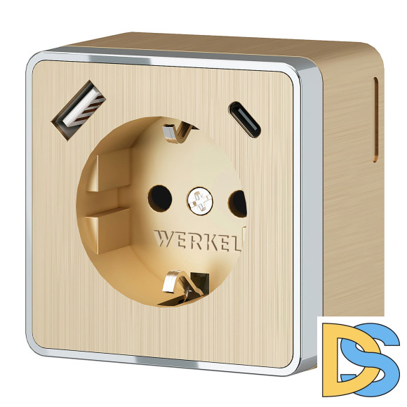 Розетка с заземлением, шторками и USB тип A+C Werkel Gallant (шампань рифленый) W5071710