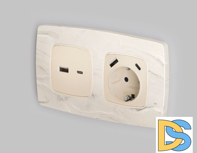 Лицевая панель для розетки с/з со шторками 2USB A+C Ambrella Volt Omega OP3100