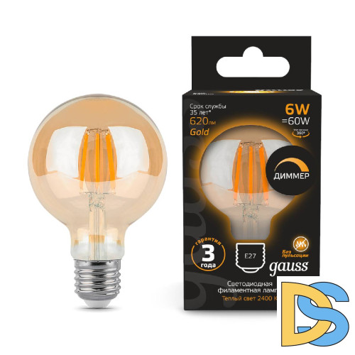 Лампа светодиодная филаментная диммируемая Gauss E27 6W 2400K груша золотая 105802006-D