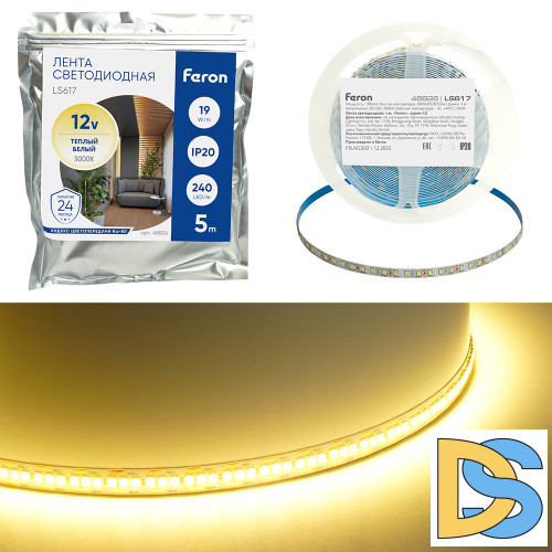 Светодиодная лента Feron LS617 12В 19Вт/м 3000К 5м IP20 48826