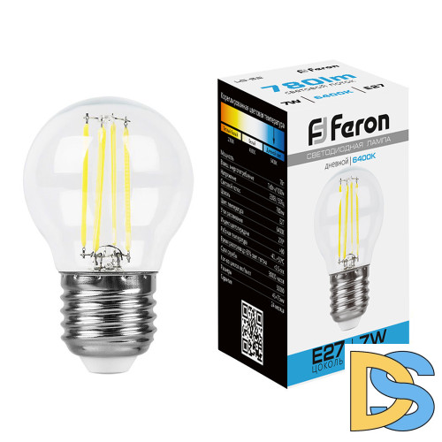 Лампа светодиодная филаментная Feron E27 7W 6400K прозрачная LB-52 38222