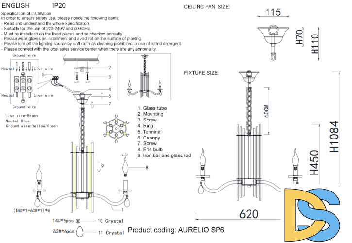 Подвесная люстра Crystal Lux AURELIO SP6 GOLD+CHROME/TRANSPARENT