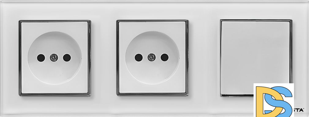 Блок с рамкой из закаленного стекла Выключатель 1-клавишный + 2 розетки без заземления Vesta-Electric Exclusive White