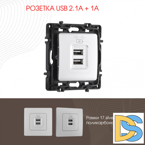 Розетка USB 2.1А+1А Arte Milano 217.46-1.silver