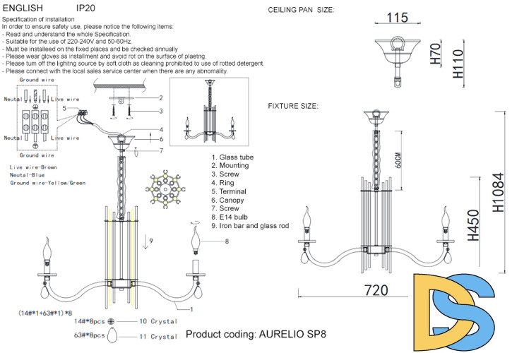 Подвесная люстра Crystal Lux AURELIO SP8 GOLD+CHROME/TRANSPARENT