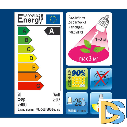 Лампа светодиодная для растений (11098) Uniel E27 20W прозрачная LED-M80-20W/SP/E27/CL ALS55WH