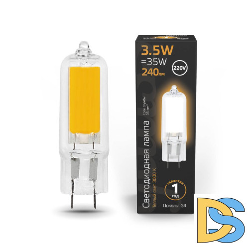 Лампа светодиодная Gauss G4 3.5W 3000K прозрачная 107807103