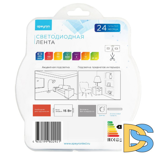 Светодиодная лента Apeyron 12В 9,6Вт/м smd2835 60д/м IP20 900Лм/м 1м 4000К 257BL