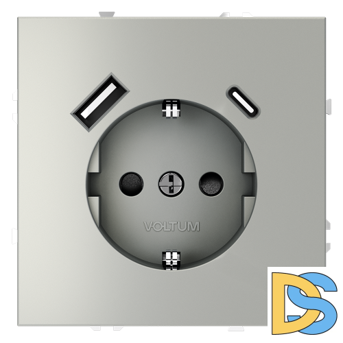 Розетка встраиваемая VOLTUM S70 с заземлением и защитными шторками, 16А, с USB, A+С, (сталь)
