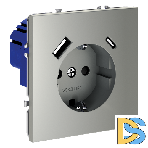 Розетка встраиваемая VOLTUM S70 с заземлением и защитными шторками, 16А, с USB, A+С, (сталь)
