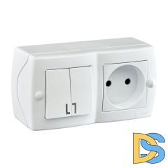 Выключатель двухклавишный + розетка без заземления Mono Electric Octans IP20 10А 250В белый 104-010101-182