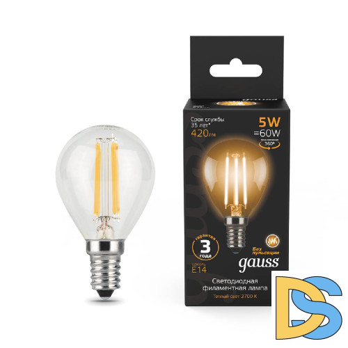 Лампа светодиодная филаментная Gauss E14 5W 2700K прозрачная 105801105