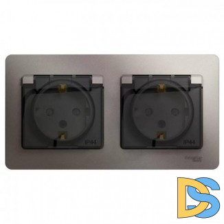Розетка 2-ая электрическая с заземлением с защитными шторками IP44, Платина, серия Glossa, Schneider Electric