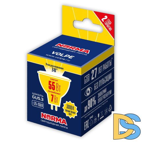Лампа светодиодная Volpe Norma LED-JCDR-7W/3000K/GU5.3/38D/NR UL-00011187