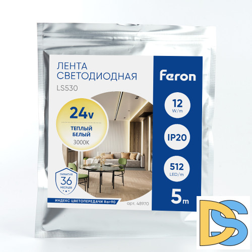 Светодиодная лента Feron LS530 512SMD 12Вт/м 24В 3000К IP20 48970