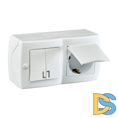 Выключатель двухклавишный + розетка с заземлением и крышкой Mono Electric Octans IP20 10А 250В белый 104-010101-187