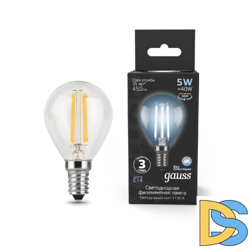 Лампа светодиодная филаментная Gauss E14 5W 4100K прозрачная 105801205