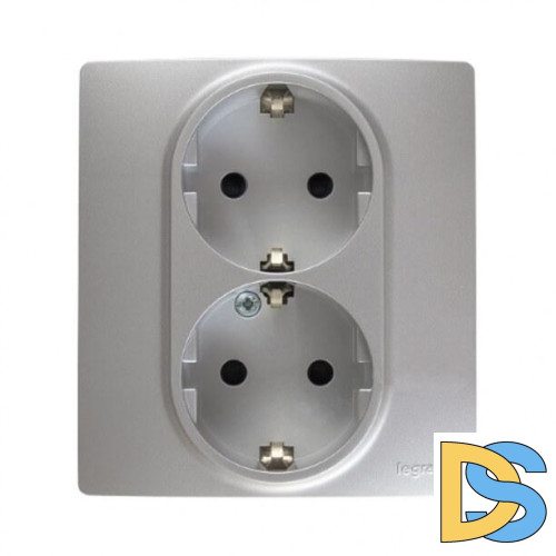 Розетка 2X2К+З Legrand Etika 16A 250V с/з со шторками безвинтовой зажим немецкий стандарт алюминий 672433