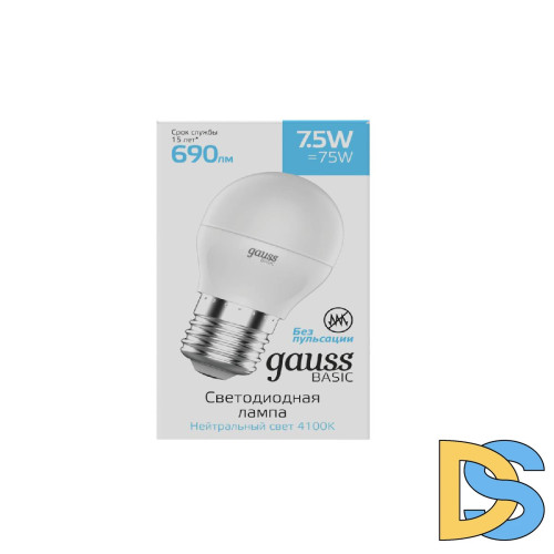 Лампа светодиодная Gauss E27 7,5W 4100К шар матовый 1053228