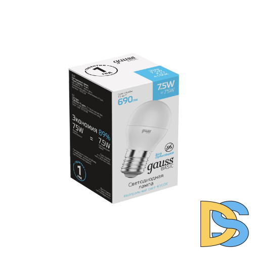 Лампа светодиодная Gauss E27 7,5W 4100К шар матовый 1053228