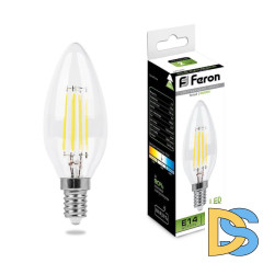 Лампа светодиодная филаментная Feron E14 7W 4000K Свеча Прозрачная LB-66 25780