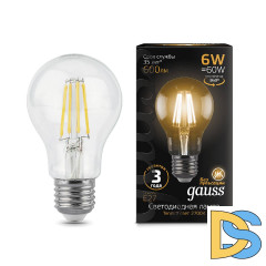 Лампа светодиодная филаментная Gauss E27 6W 2700К прозрачная 1/10/50 102802106