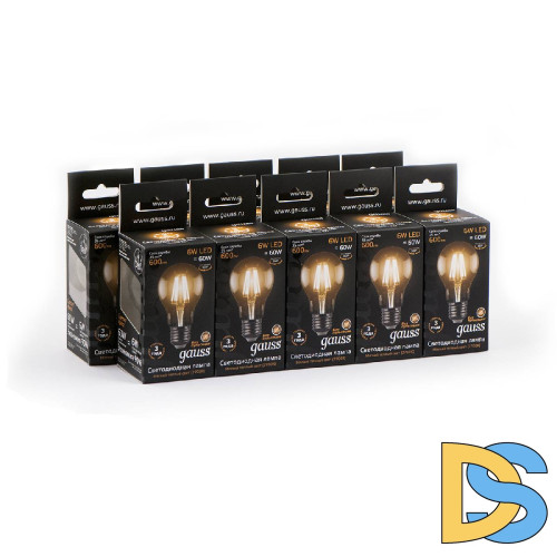 Лампа светодиодная филаментная Gauss E27 6W 2700К прозрачная 1/10/50 102802106