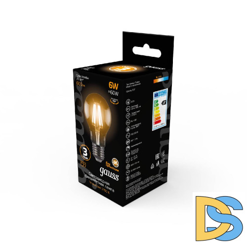 Лампа светодиодная филаментная Gauss E27 6W 2700К прозрачная 1/10/50 102802106