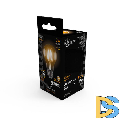 Лампа светодиодная филаментная Gauss E27 6W 2700К прозрачная 1/10/50 102802106