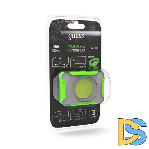 Налобный светодиодный фонарь Gauss от батареек 65х45 150 лм GF305