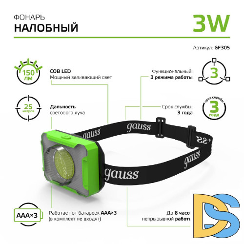 Налобный светодиодный фонарь Gauss от батареек 65х45 150 лм GF305