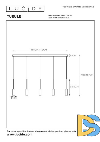 Подвесной светильник Lucide Tubule 24401/35/30