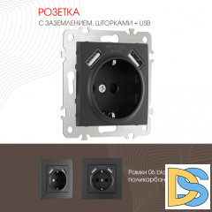 Розетка с заземлением, шторками + 2 USB Arte Milano 206.47-1.black