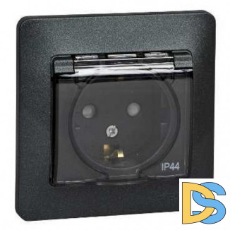 Розетка 1-ая электрическая, с заземлением, крышкой IР44, влагозащищенная, Антрацит, серия Glossa, Schneider Electric