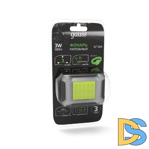 Налобный светодиодный фонарь Gauss от батареек 65х45 180 лм GF304