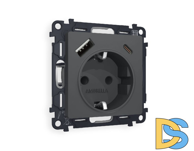 Комплект механизма розетки 2USB A+C 20W (быстрая зарядка) с/з Ambrella Volt Alfa MA910010