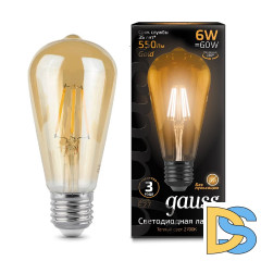 Лампа светодиодная филаментная Gauss E27 6W 2400К золотая 102802006