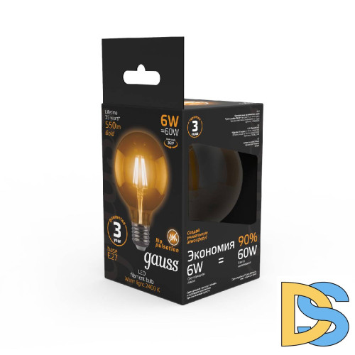 Лампа светодиодная филаментная Gauss E27 6W 2400K прозрачная 105802006