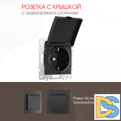 Розетка с заземлением, шторками и защитной крышкой Arte Milano 206.41-1.black
