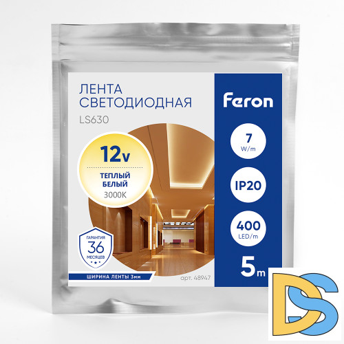 Светодиодная лента Feron LS630 12В 7Вт/м 3000К 5м IP20 48947