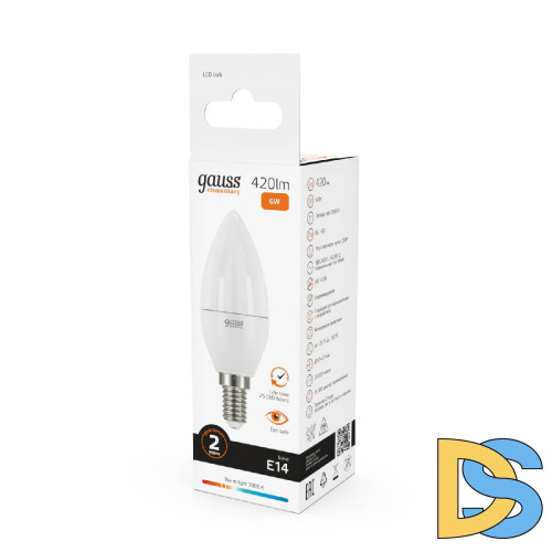 Лампа cветодиодная Gauss E14 6W 3000K свеча матовая 33116