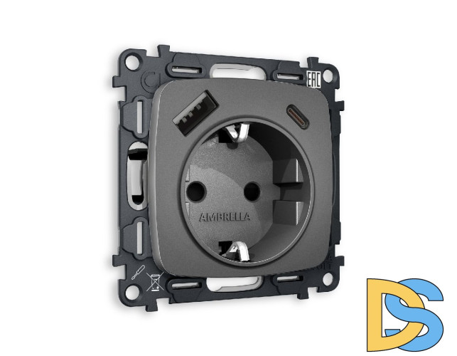 Комплект механизма розетки 2USB A+C 20W (быстрая зарядка) с/з Ambrella Volt Omega MO660010