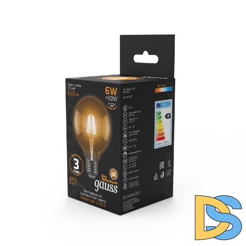 Лампа светодиодная филаментная Gauss E27 6W 2700K прозрачная 105802106