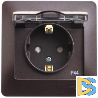 Розетка 1-ая электрическая, с заземлением, крышкой IР44, влагозащищенная, Шоколад, серия Glossa, Schneider Electric
