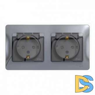 Розетка 2-ая электрическая с заземлением с защитными шторками IP44, Алюминий, серия Glossa, Schneider Electric