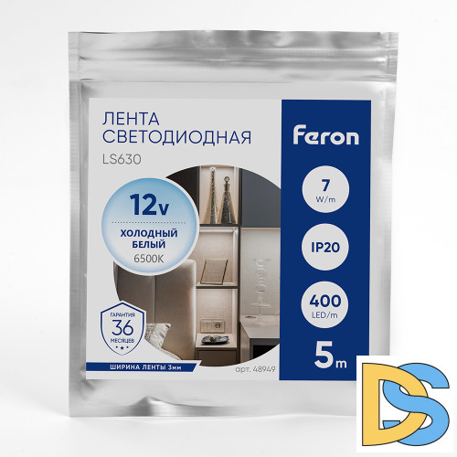 Светодиодная лента Feron LS630 12В 7Вт/м 6500К 5м IP20 48949