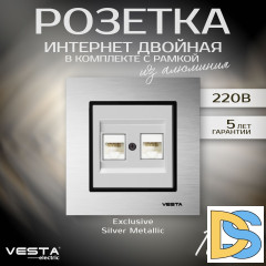 Розетка для сетевого кабеля LAN двойная в алюминиевой рамке серебристая Vesta-Electric Exclusive Silver Metallic