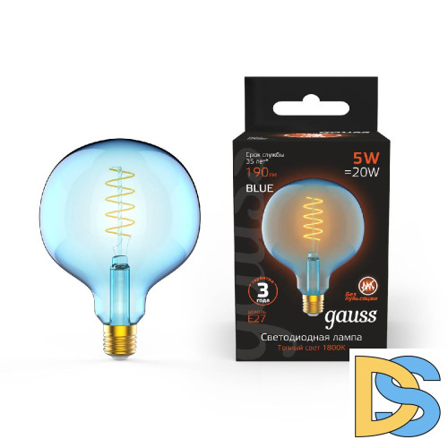 Лампа светодиодная диммируемая филаментная Gauss E27 5W 1800K шар синий 1013802105